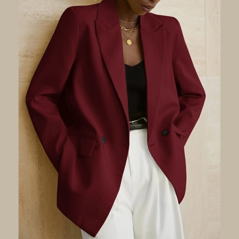 Burgundy Peak Lapel Flap Pocket Long Double Breasted Blazer
